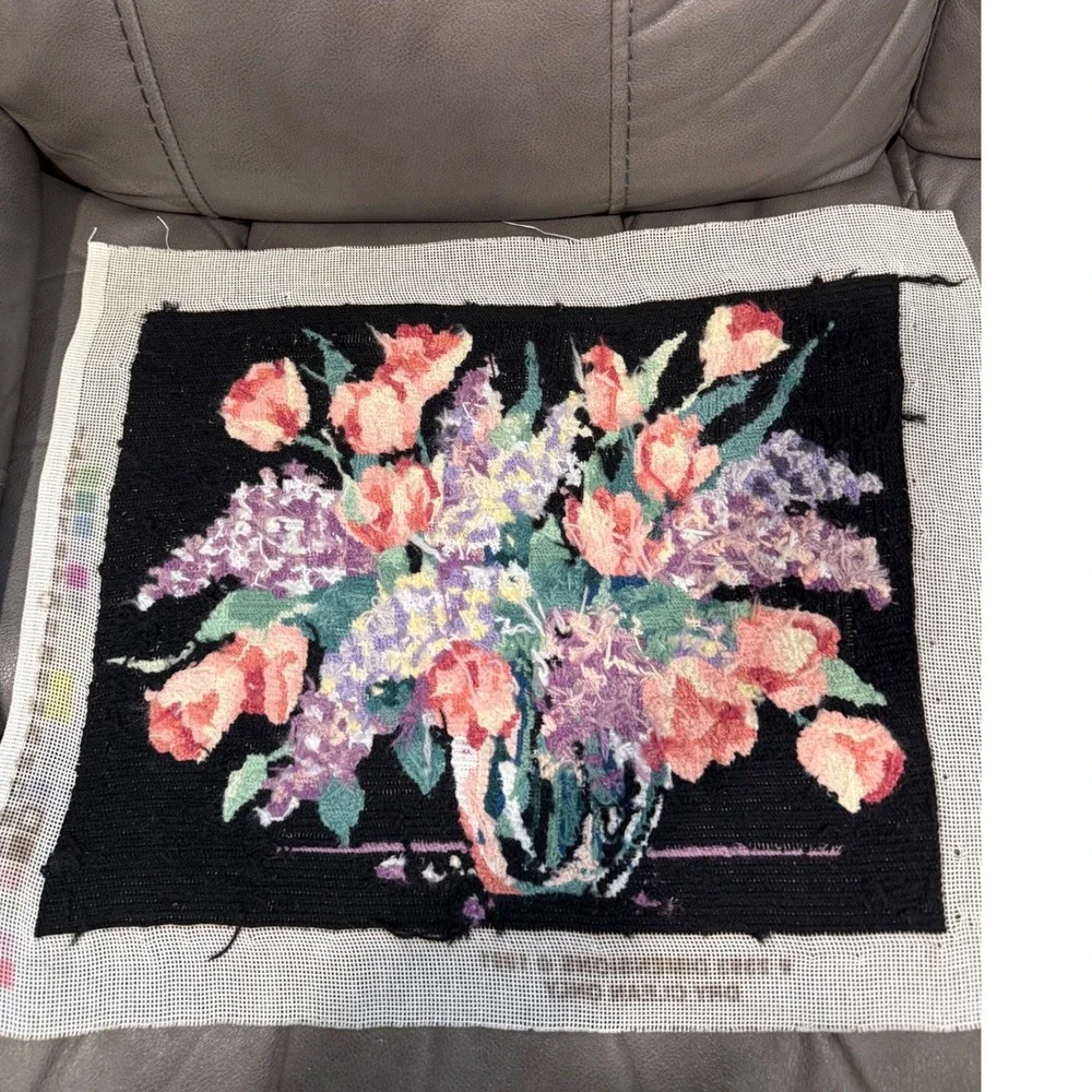 Vintage 1991 Dimensions Completed Needlepoint Floral Tulips Lilacs Black 21x17